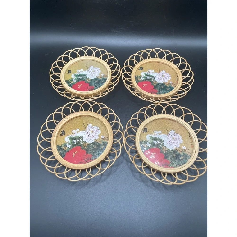 Vintage 80s Wicker Wooden Coasters With Floral And Butterfly Pattern Set Of Four